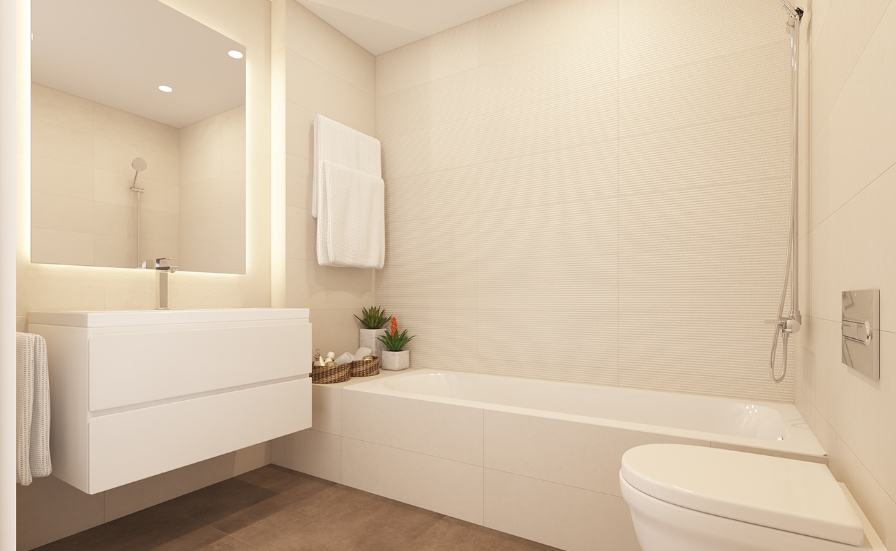 Equipamiento de calidad. <p>Los baños están equipados con mueble lavabo, grifería termostática e inodoro suspendido. La combinación de tonos de suelos, pintura y cerámicas, aportan calma y combinan con múltiples estilos de amueblamiento. </p>

<p> </p>

