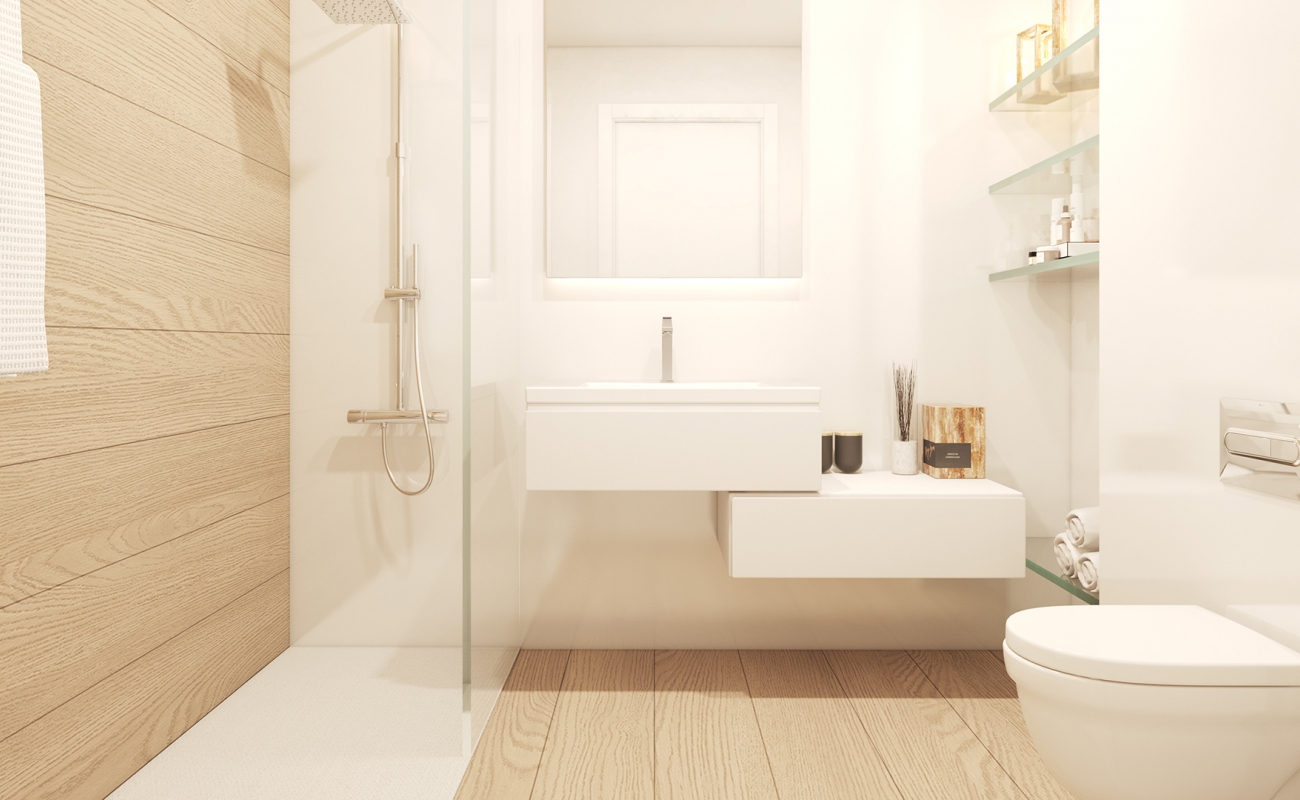 DISEÑO Y CALIDAD <p>Los baños están equipados por MONTEJO CERÁMICAS con mueble lavabo, grifería termostática con rociador de gran tamaño, inodoro suspendido y plato de ducha extraplano con mampara.<br />
 <br />
El suelo cerámico, en continuidad por toda la vivienda, tiene especial protagonismo en el baño, ya que decora también una pared del mismo.</p>
